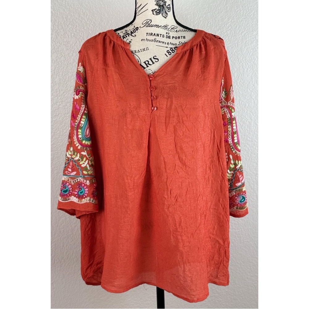 Christopher & Banks Burnt Orange Tunic 3/4 Sleeve Boho Embroidery Blouse XL
